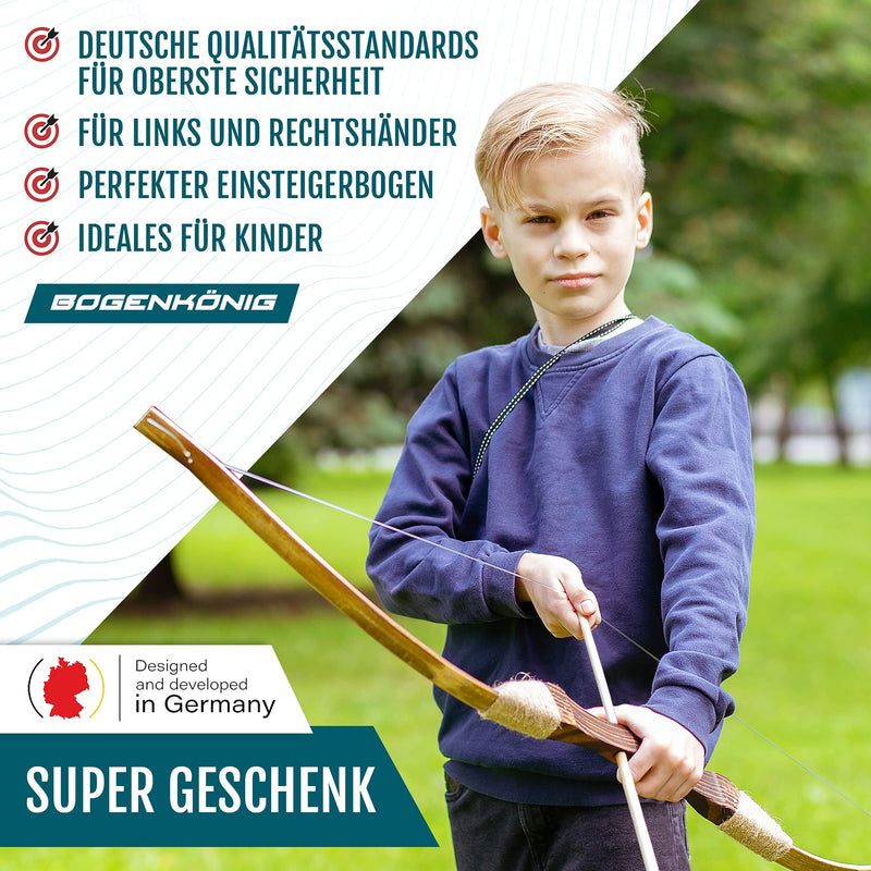 Bogenkönig Abenteuerfreude Holz Pfeil und Bogen Kinder ab 6 - Robuste Qualität für Langlebigkeit - 1er Set inkl. 10 Pfeile und 1 Köcher - Perfekt für Anfänger - Bogenschießen Kinder - Kinderbogen Set