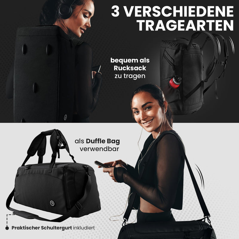 Sporttasche Trainingstasche + Rucksack, Schuhfach, Nassfach | Reisetasche Schwimmtasche Fitnesstasche Sport Gym Fitness Umhängetasche Handgepäck Weekender Bag Reise Tasche Herren Damen| 40 L, Schwarz