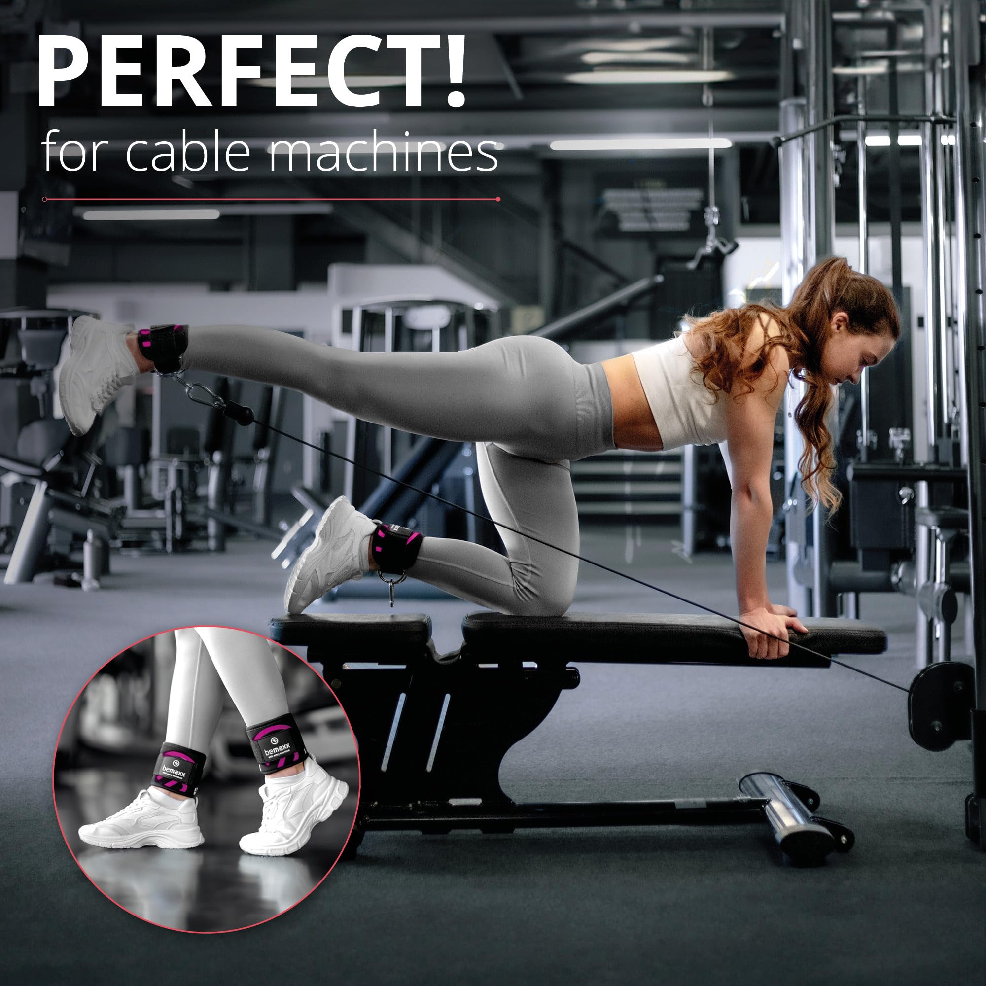 Fußschlaufen für Kabelzug 2er Set Ankle Foot Straps + Trainings-eBook, One-Size gepolsterte Beintrainer, Klettverschluss für Beintraining am Seilzug | Bein Po Fitness Workout Training Frau Mann