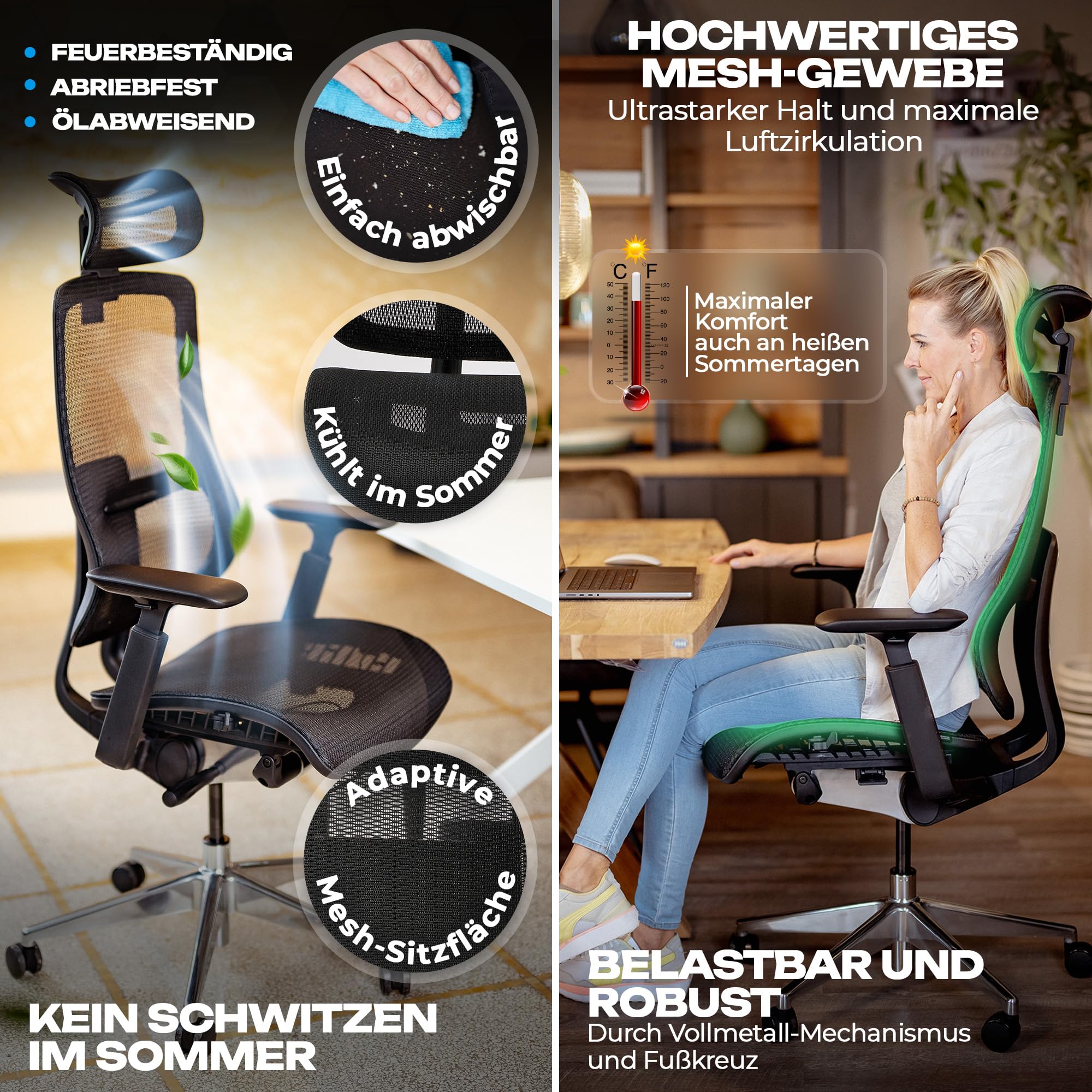 VALKENSTOL M6 Ergonomischer Bürostuhl 150 KG [Grosse Menschen, MESH-Sitz] Bürostuhl Ergonomisch für langes bequemes Sitzen und fokussierteres Arbeiten - Chefsessel Bürostuhl Bürosessel Office Chair