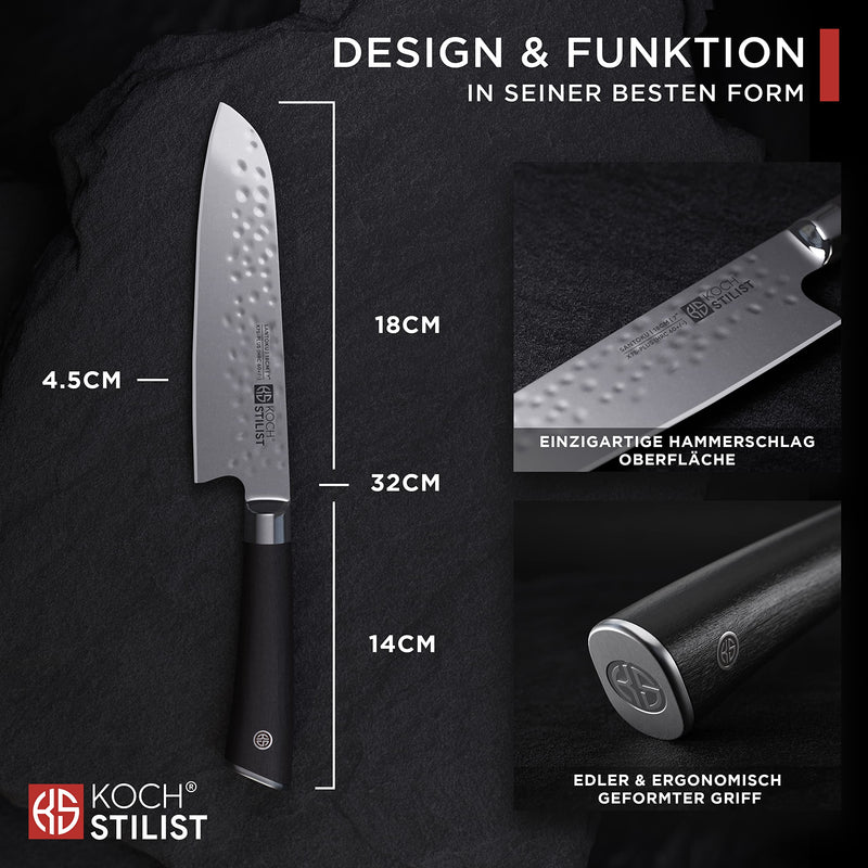 Kochstilist® Premium Santoku Messer 18 cm [+ inkl. Geschenkbox] Das Profi-Kochmesser aus extrem scharfem X75-Carbonstahl-Plus - Küchenmesser, Fleischmesser, Allzweckmesser mit edlem Echtholzgriff