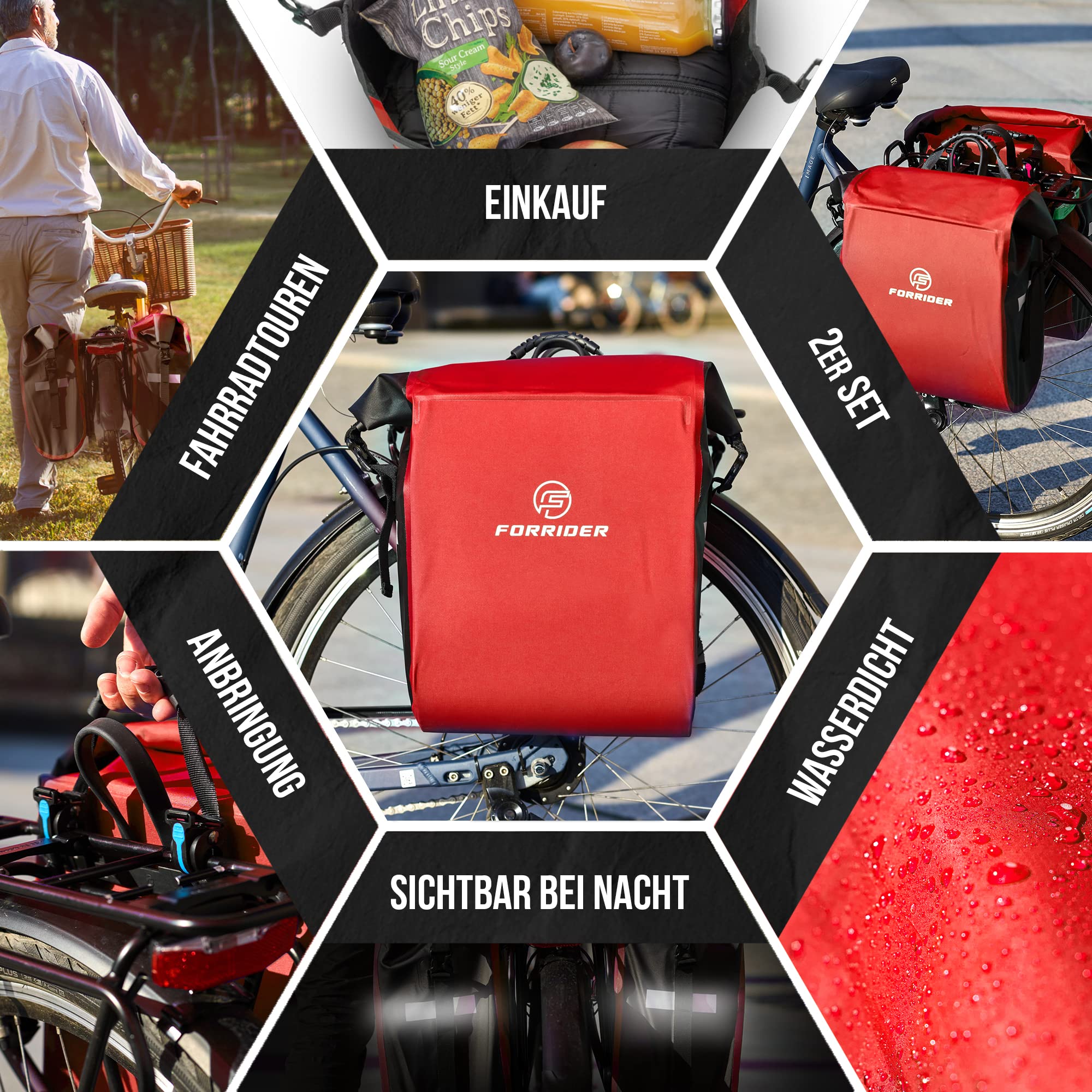 Forrider Fahrradtaschen für Gepäckträger - 100% Wasserdicht [2 Stück] 50L Volumen Premium Fahrrad Gepäckträgertaschen hinten Pack-Taschen Hinterradtaschen (Rot)