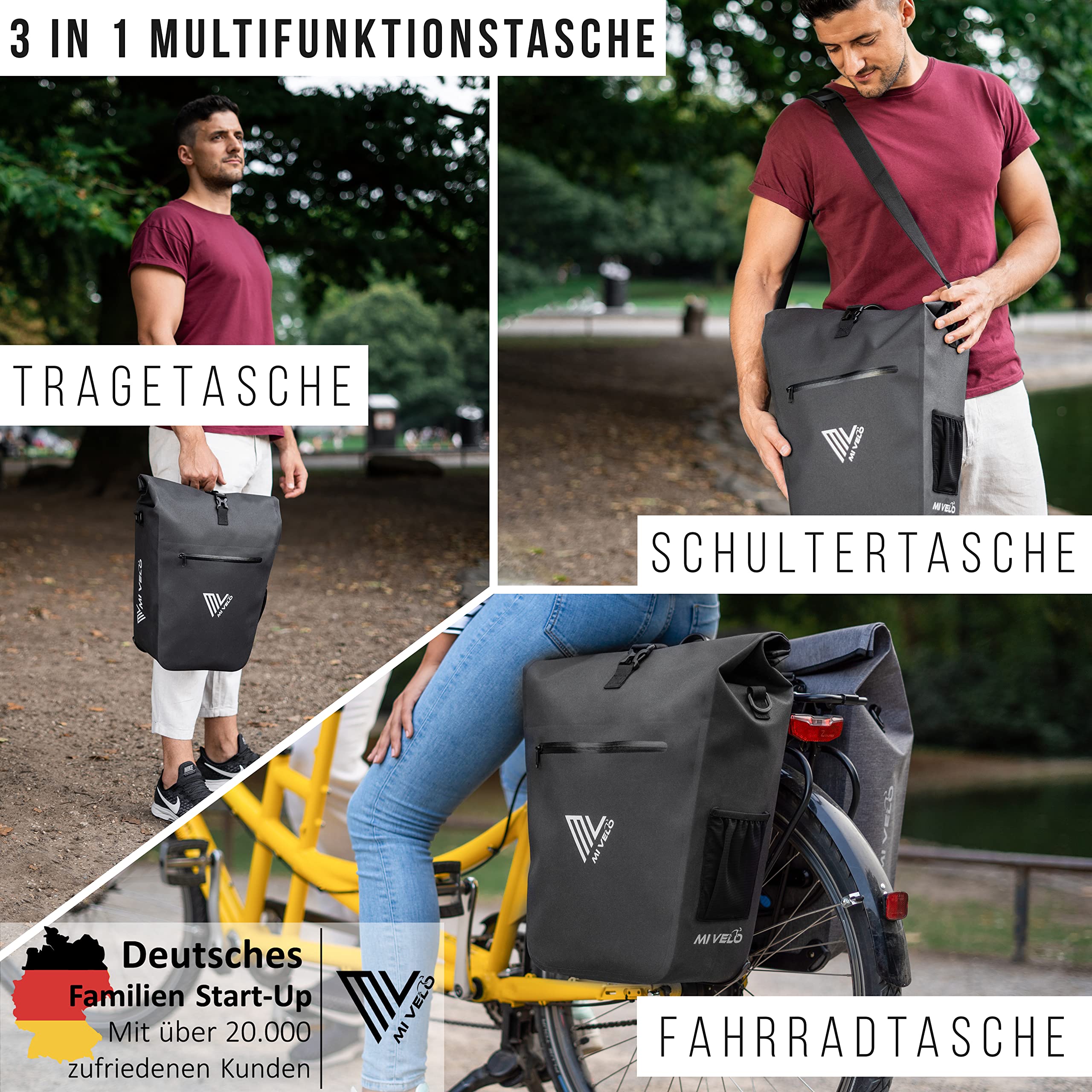 MIVELO 2in1 Fahrradtasche Gepäckträgertasche wasserdicht 100% PVC frei + Laptopfach + Schloss + Schultergurt – Fahrrad Tasche für Gepäckträger 1 STK (25L) schwarz