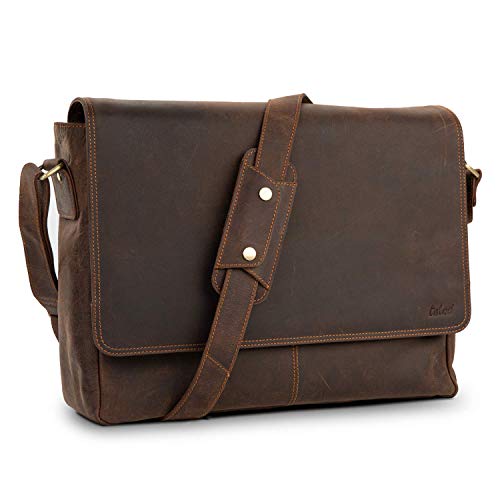 TALED Herren Bag I Laptoptasche bis 15 Zoll I Messenger Bag aus echtem Büffel-Leder im Vintage Look I Ledertasche I Schultertasche I Arbeitstasche I 38x10x31cm I Vintage Braun