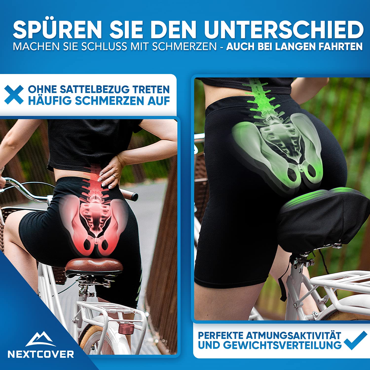 Nextcover NEU Universal Gel Sattelbezug Fahrrad inkl. Regenschutz [Memory-Foam] I Fahrradsattel Überzug mit mehrschichtigem Polster I Sattelschutz Fahrradsitz für Damen & Herren