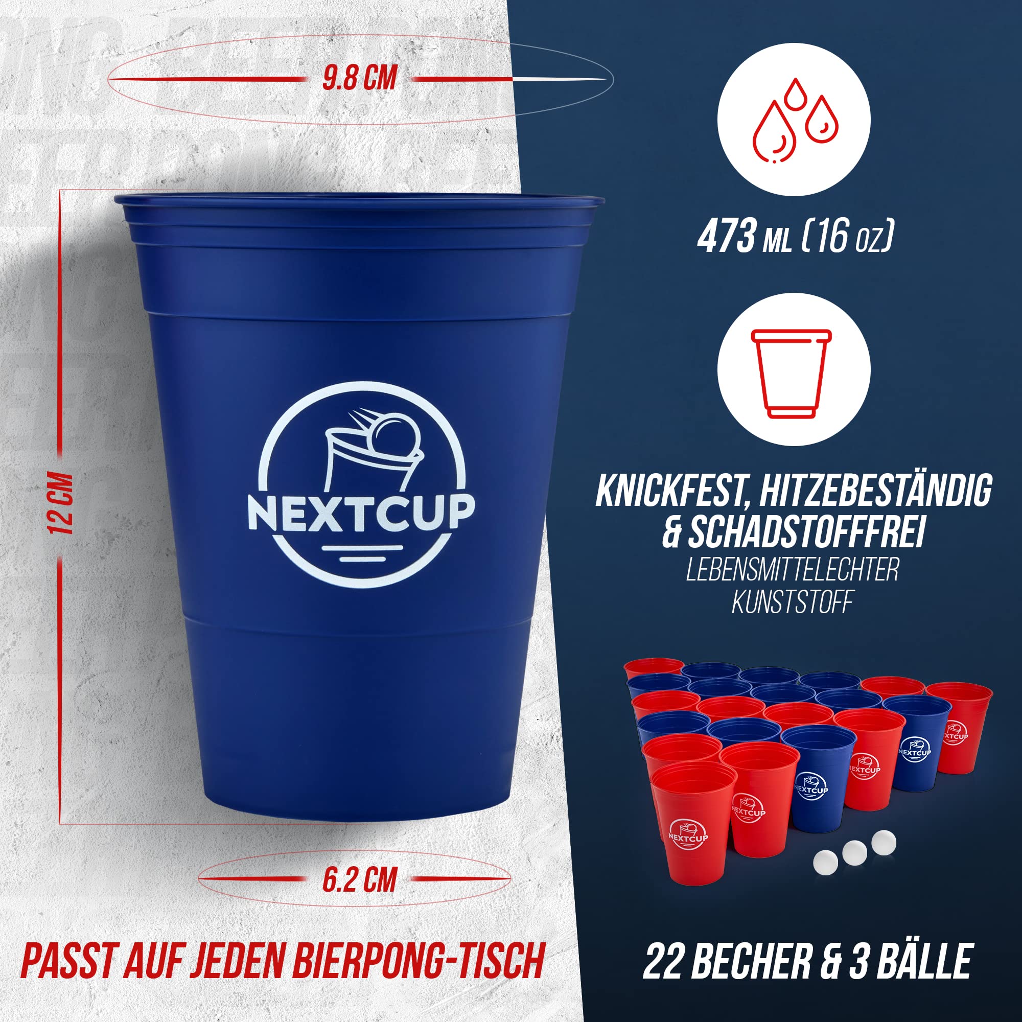 NEXTCUP Becher Set Made in Germany - 22 extra stabile und nachhaltige Hartplastik Becher [473ml - 16oz] – Spülmaschinengeeignet und Wiederverwendbar (Rot/Blau)