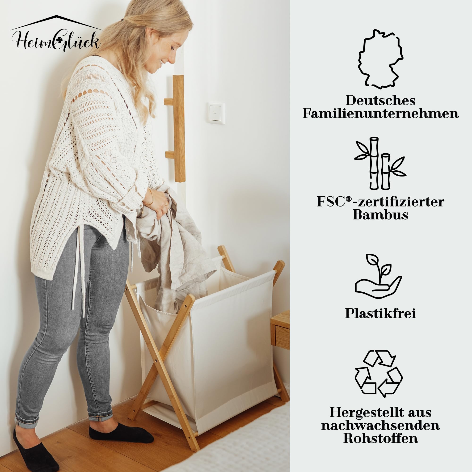 HeimGlück Wäschekorb - Wäschesammler beige [60l Halbleinen-Bambus Wäschekorb faltbar] nachhaltiger Wäschekorb klappbar, Wäschesortierer, Wäschetrenner, Wäschebox, laundry organizer | jetzt anschauen