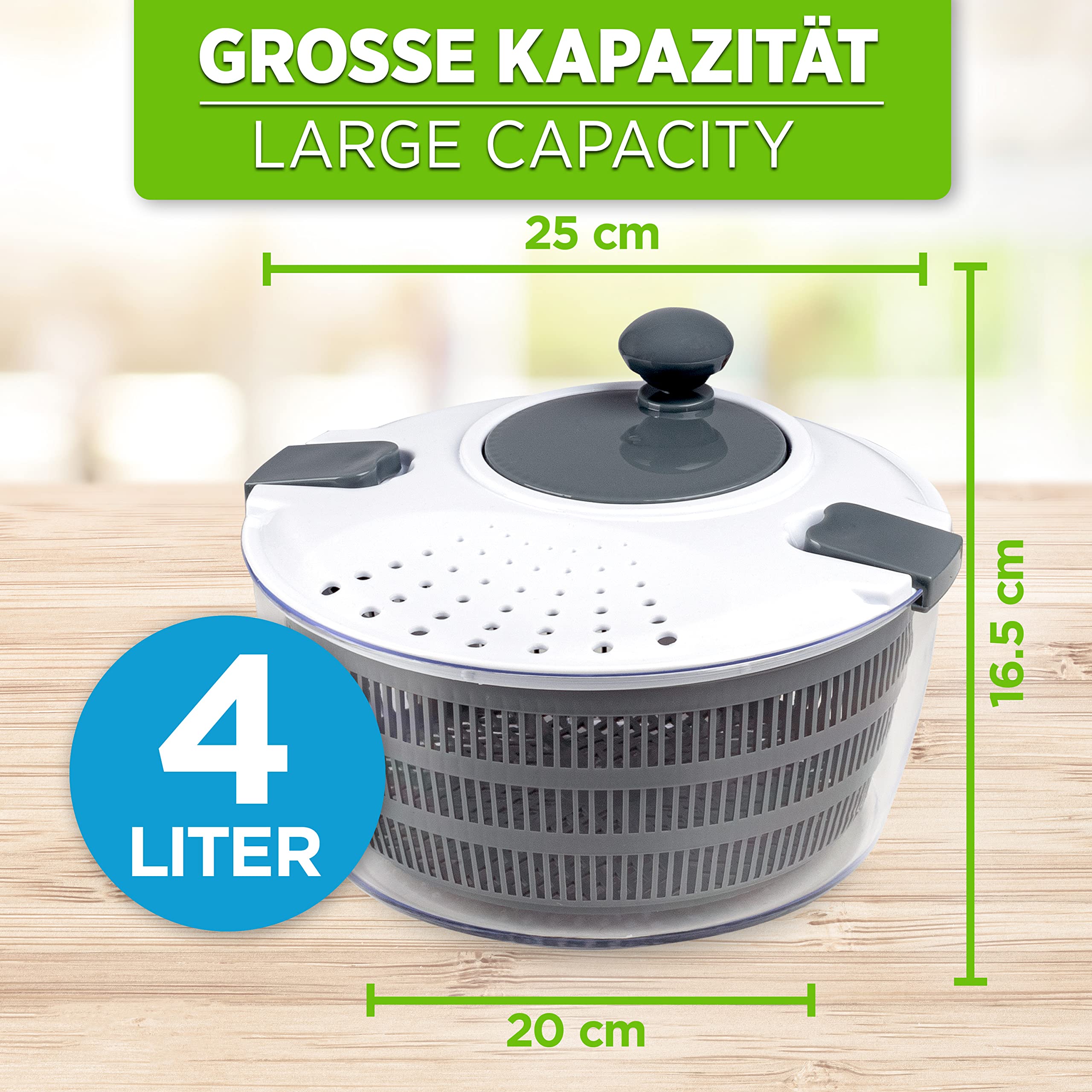 Salatschleuder | Salad Spinner 4 Liter | Lacari ORIGINAL Salatschleuder mit Deckel | Salatschleuder Groß | Eisbergsalat Siebeinsatz | Salatschleuder mit Ebook | Salat Schleuder Neue Gen. 2023