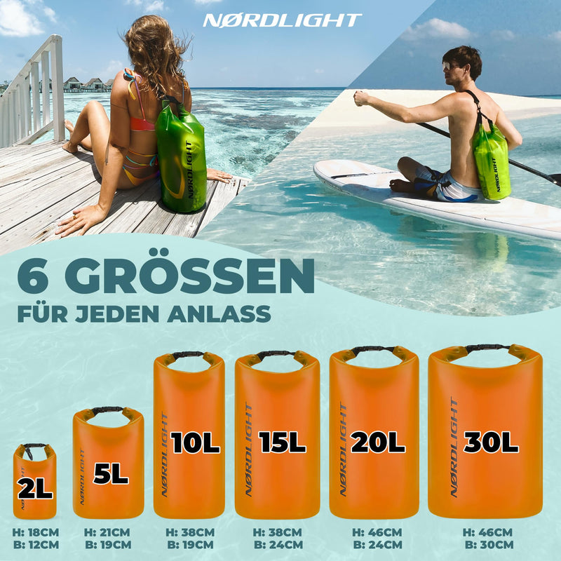 Nordlight Dry Bag 20L Wasserdichter Beutel - (Orange) Wasserdichter Packsack Mit Roll Top Verschluss Und Schultergurt | Schwimmen, Baden, Strand, Kanu, Stand Up Paddling, Tauchen