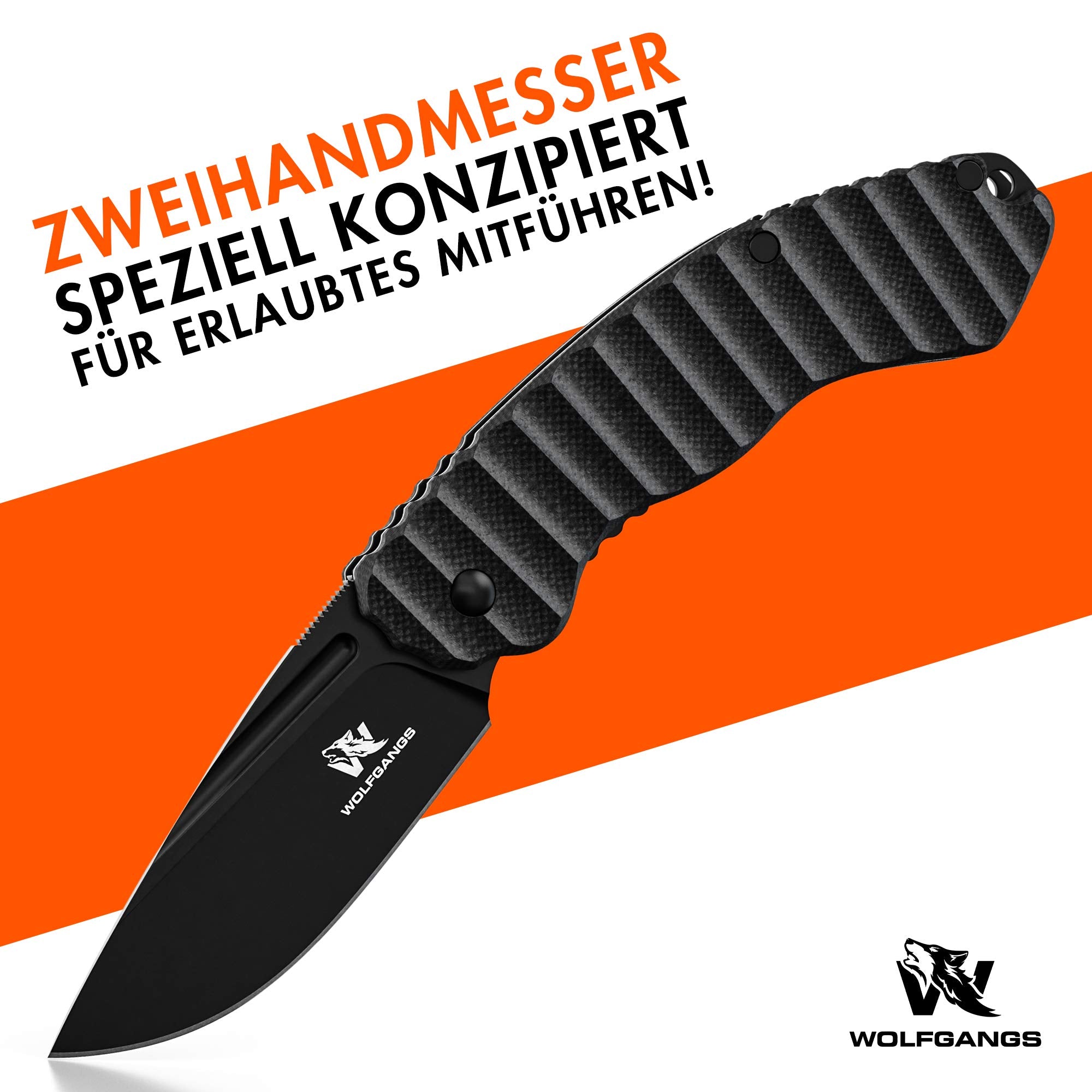 Wolfgangs GLADIO Zweihandmesser Klappmesser aus feinstem D2 Stahl - Legales Taschenmesser Klappmesser - Rebustes Outdoor Messer Survival - Klappmesser Outdoor inkl. Kydex Holster (komplett schwarz)