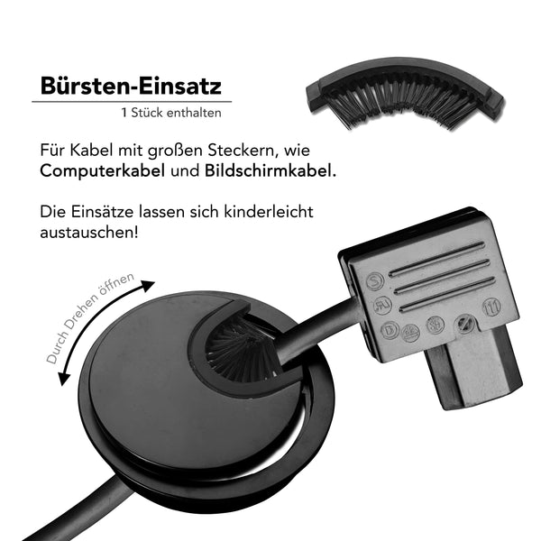 Bruce.® 1x Kabeldurchführung aus Metall, ø 60mm, Inkl. 2x Gummidurchlass, Hochwertiger Kabeldurchlass für Möbel und Schreibtisch, Endlich Ordnung am Arbeitsplatz (1, Schwarz)