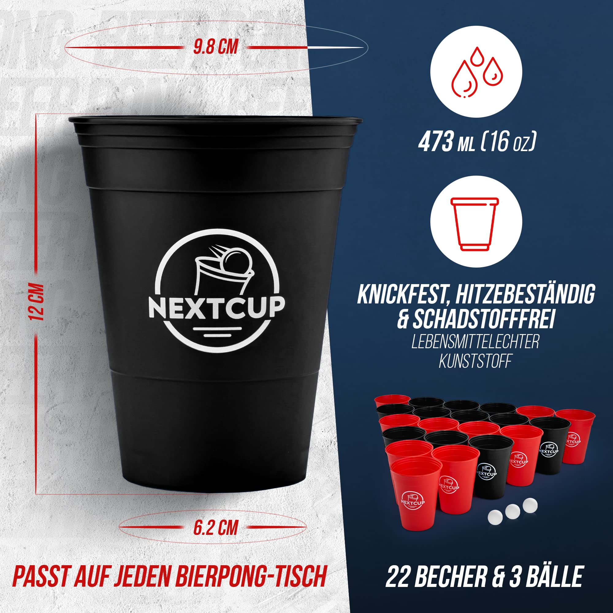 NextCup Partybecher Set Made in Germany - 22 extra stabile und nachhaltige Hartplastik Becher [473ml - 16oz] – Spülmaschinengeeignet und Wiederverwendbar