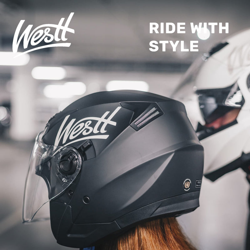 Westt Jethelm mit Visier und Sonnenblende Motorradhelm Herren Damen Rollerhelm Mopedhelm Mofa Chopper Helm Motorrad Halbhelm Open-Face-Helm Pilotenhelm ECE DOT Zertifiziert