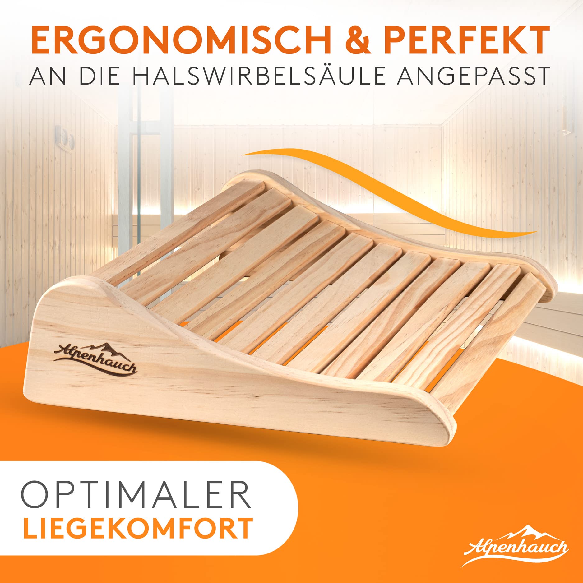 ALPENHAUCH Sauna Kopfstütze Holz [100% Naturholz] - Ergonomische Saunakopfstütze Holz - Edles Sauna Zubehör Infrarotkabine - Komfortable & breite Kopfstütze Sauna Holz für Sauna & Infrarotkabine