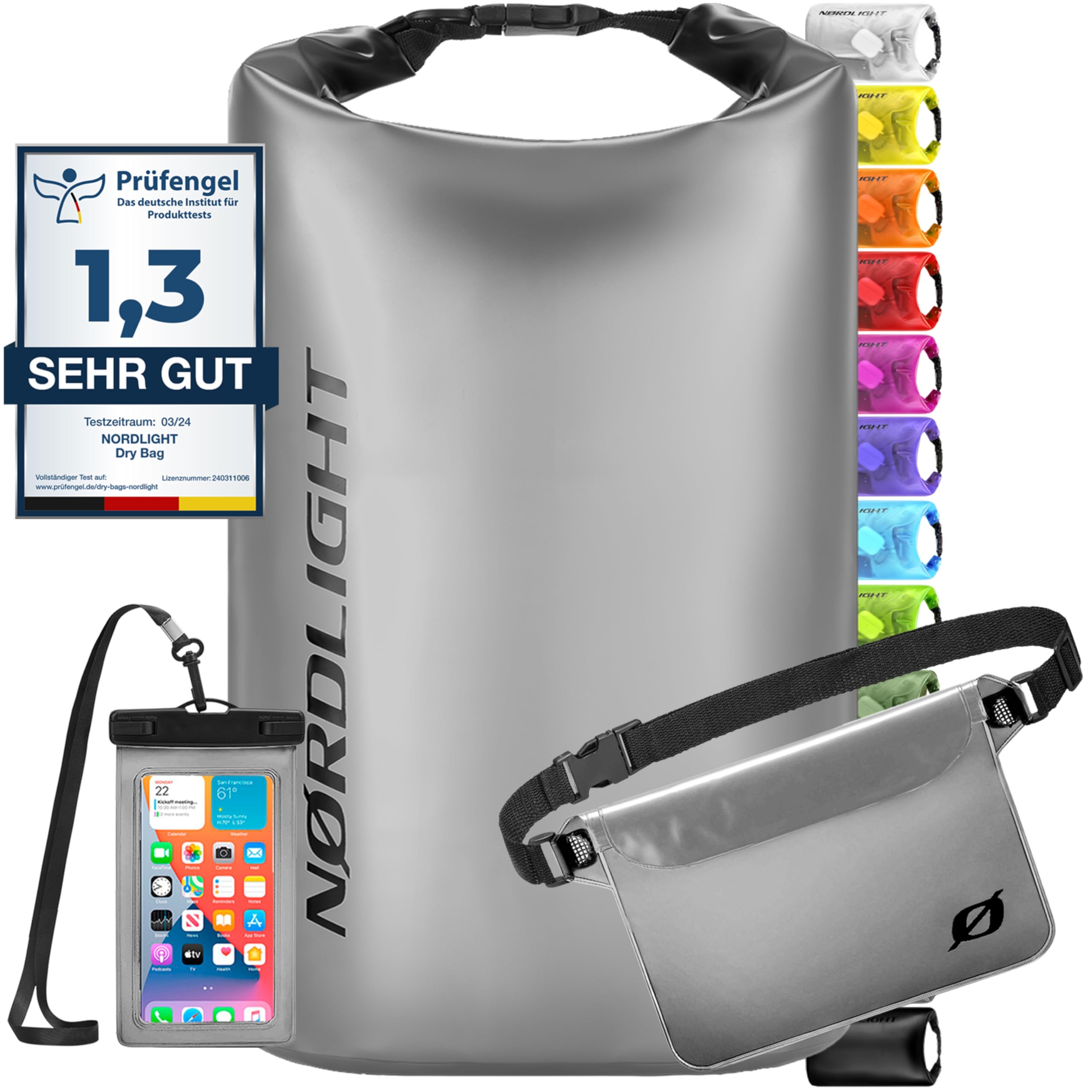 Nordlight wasserdichte Tasche 3er Set (Grau) - Dry Bag 10l + wasserdichte Handyhülle + wasserdichte Hüfttasche | IPX8 Schutz | Mit Verstellbaren Gurten Für Strand, Stand Up Paddling