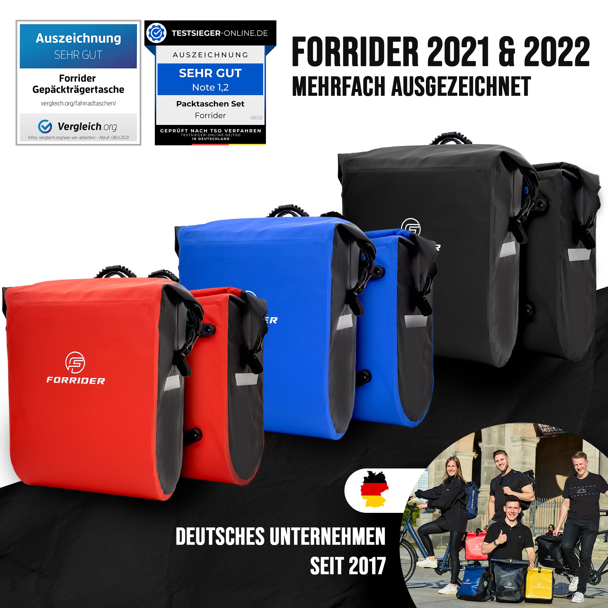 Forrider 2er Set Fahrradtaschen für Gepäckträger Wasserdicht Reflektierend | Gepäckträgertaschen 50L | Sattel Tasche fürs Fahrrad zum Einkaufen (Schwarz)