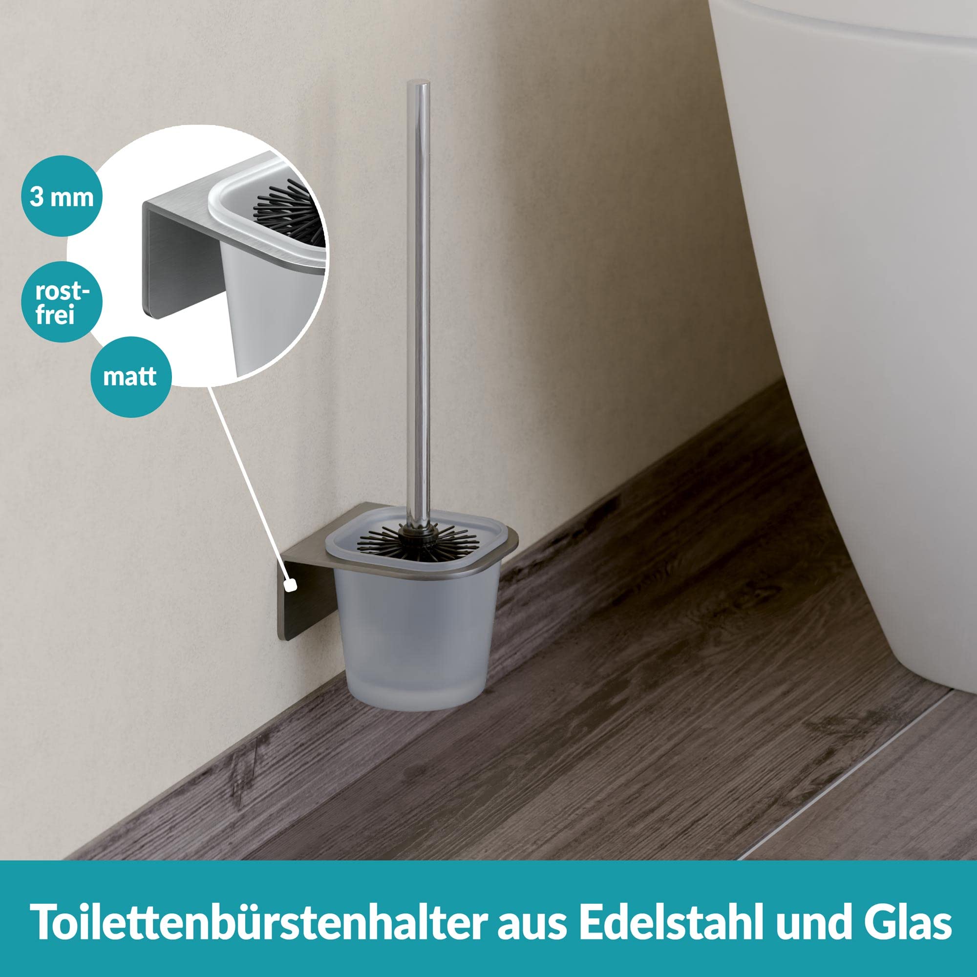 WEISSENSTEIN Toilettenbürstenhalter Set zur Wandmontage ohne Bohren - WC-Garnitur Set mit Bürste, Bürstenhalter aus Glas, Edelstahl Halterung zum Kleben