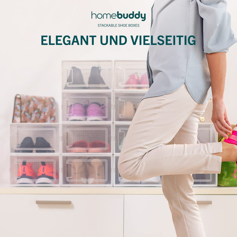 HomeBuddy Schuhbox - 12 Schuhboxen Stapelbar - Stabile Schuhaufbewahrung - Schuhboxen Stapelbar Transparent mit Rückseitiger Lüftung - Transparenter Schuhorganizer mit Bambuskohle-Desodorierer