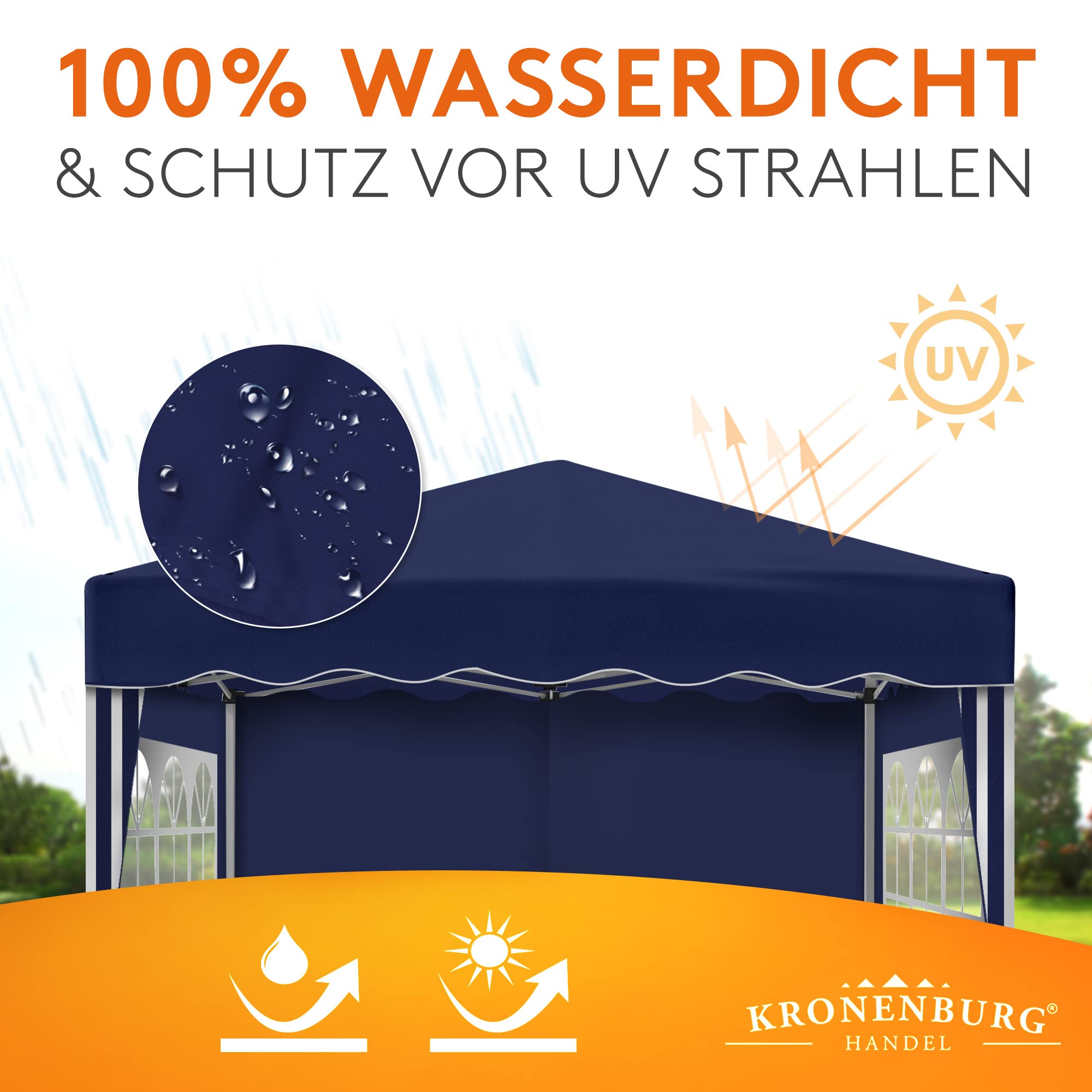 Kronenburg Faltpavillon wasserdicht Dachmaß 3 x 3 m UV Schutz 50+ Pavillon in Blau mit 4 Seitenteilen