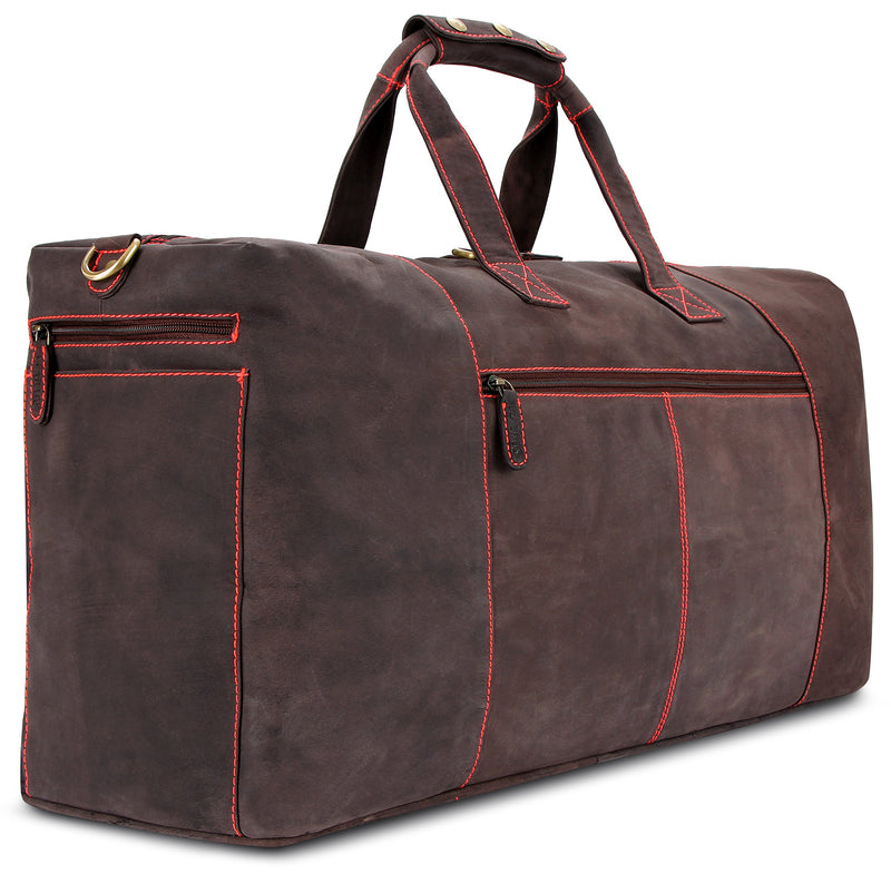 Leabags Leder Weekender Damen & Herren I Echtleder Premium Reisetasche I 55 l Sporttasche I Duffle Travel Gym Bag I Sporttasche I Trainingstasche I Tasche Flugzeug I groß I Dark Brown/Red