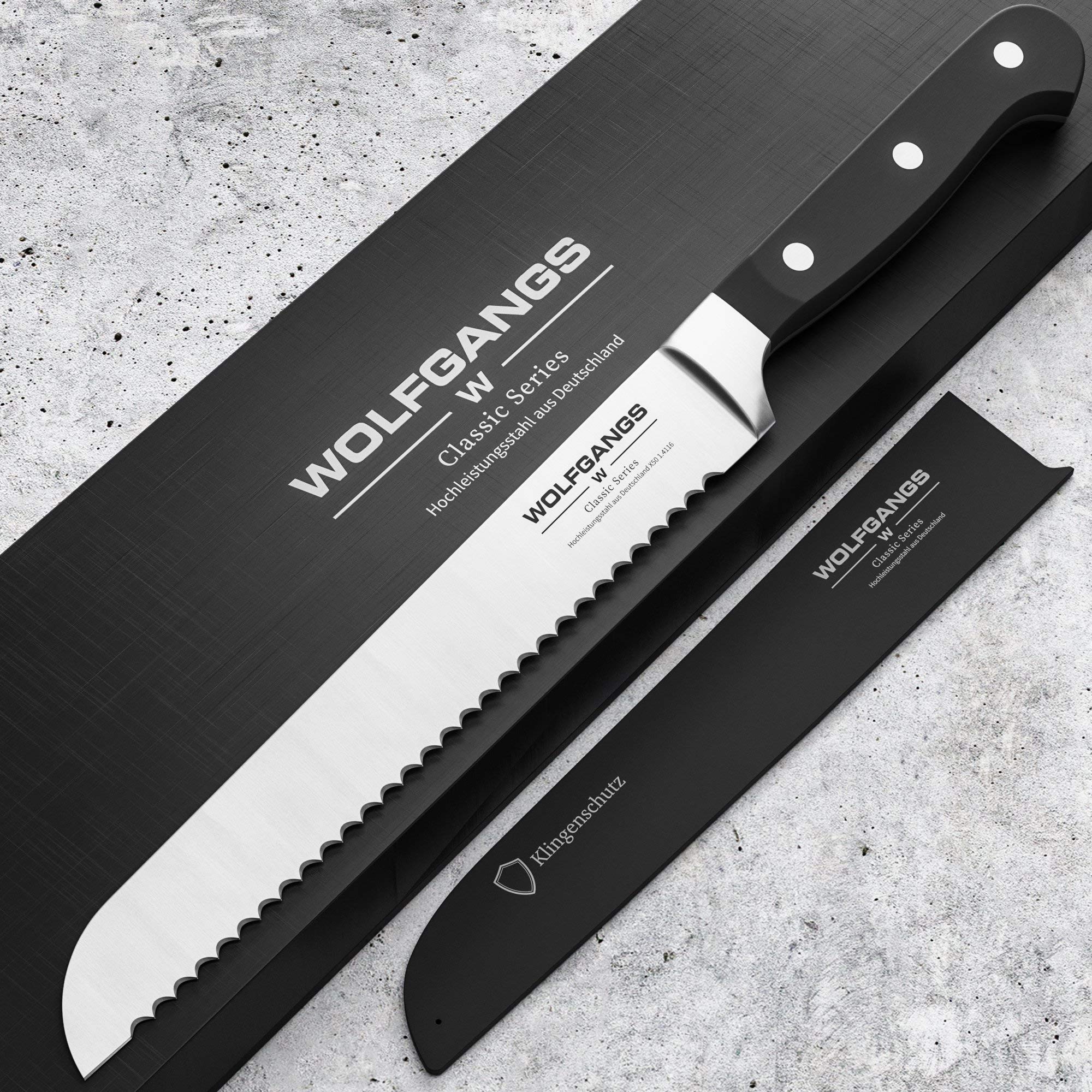 Wolfgangs Premium Brotmesser - Extrascharfe Qualitäts-Klinge aus rostfreiem deutschem Edelstahl - Brotmesser Wellenschliff - Bread Knife in edlem Design - Profi-Küchenmesser Top-Qualität (schwarz)