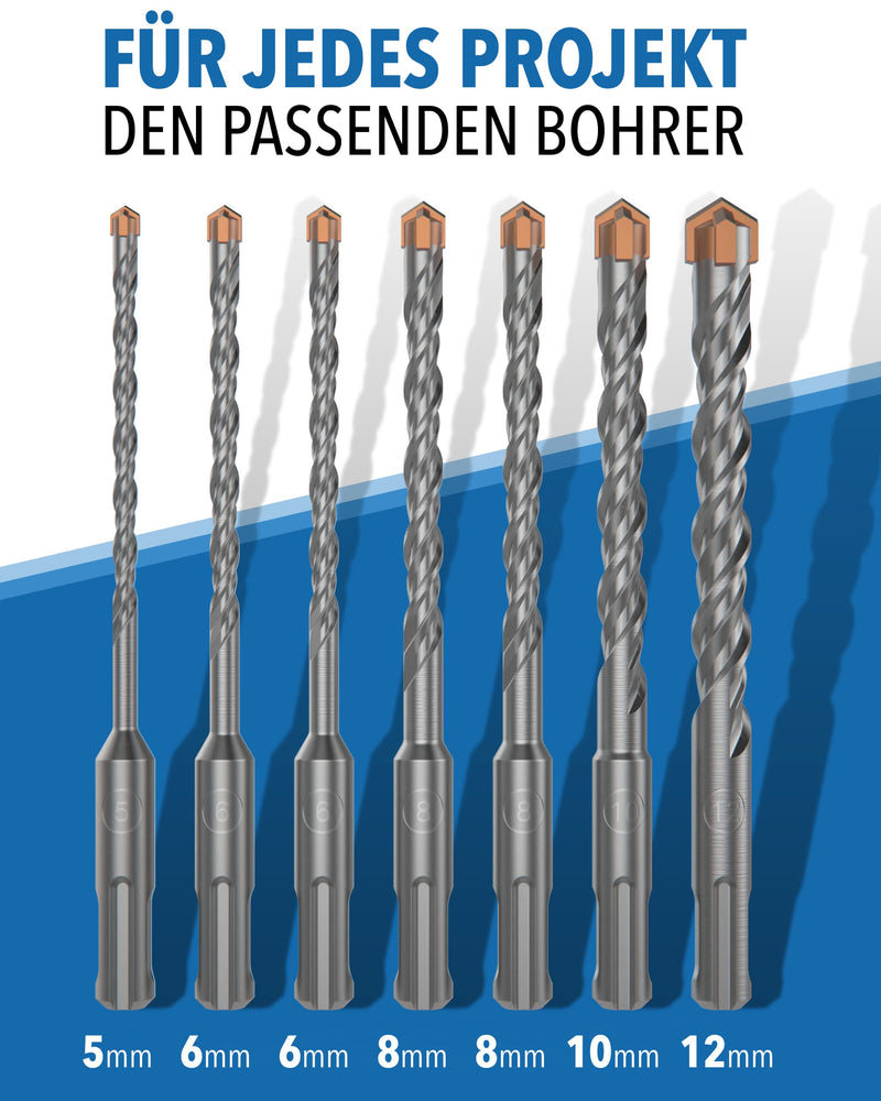 STONE REEF Betonbohrer Set Profi - [7-teilig inkl. Bohrerkassette] - SDS Plus Bohrer Set Ø 5mm, 6mm, 8mm, 10mm, 12mm x 156mm - Steinbohrer , Beton, Wandbohrer, Bohrersatz