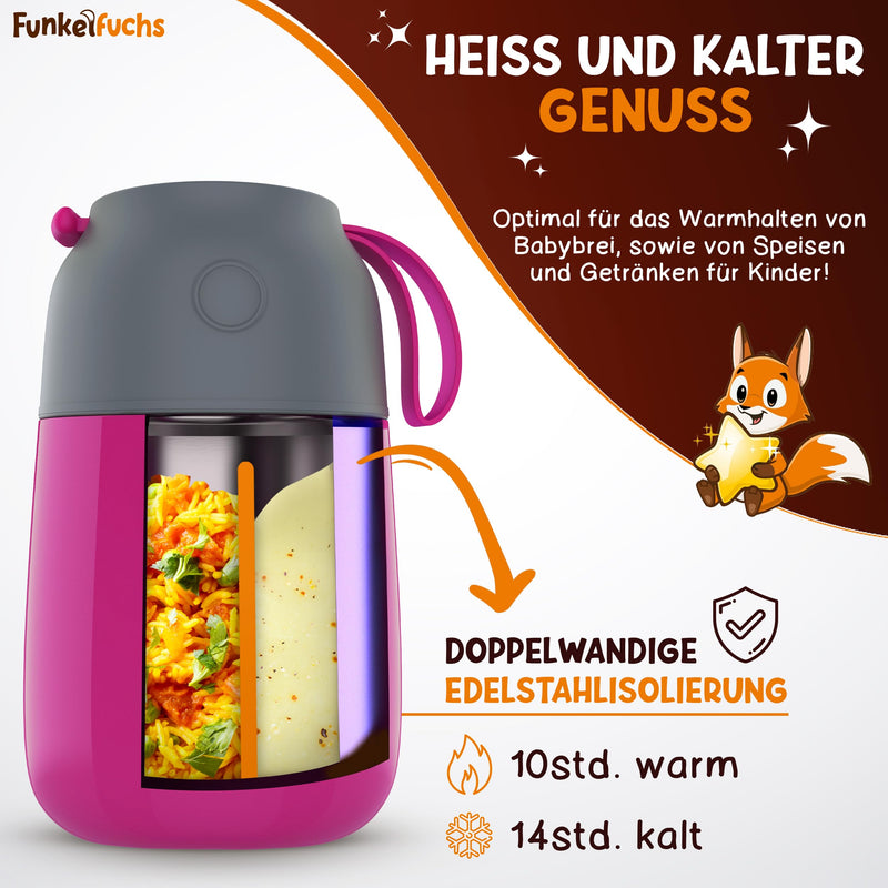 FUNKELFUCHS® Thermobehälter für Essen Kinder – 500ml, Pink Einhorn – 100% auslaufsicher - Warmhaltebehälter Essen Edelstahl – Thermobecher Essen – Thermo Lunchbox Kinder – Warmhaltebehälter Babybrei