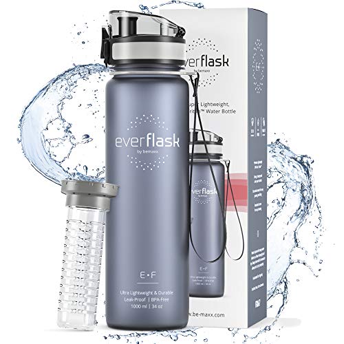 Trinkflasche Tritan EVER FLASK + Früchtebehälter 1l 500ml | BPA frei, Leicht, Auslaufsicher, Kohlensäure geeignet | Wasserflasche Sportflasche Kinder Schule Uni Fitness Fahrrad Sport Wasser Flasche