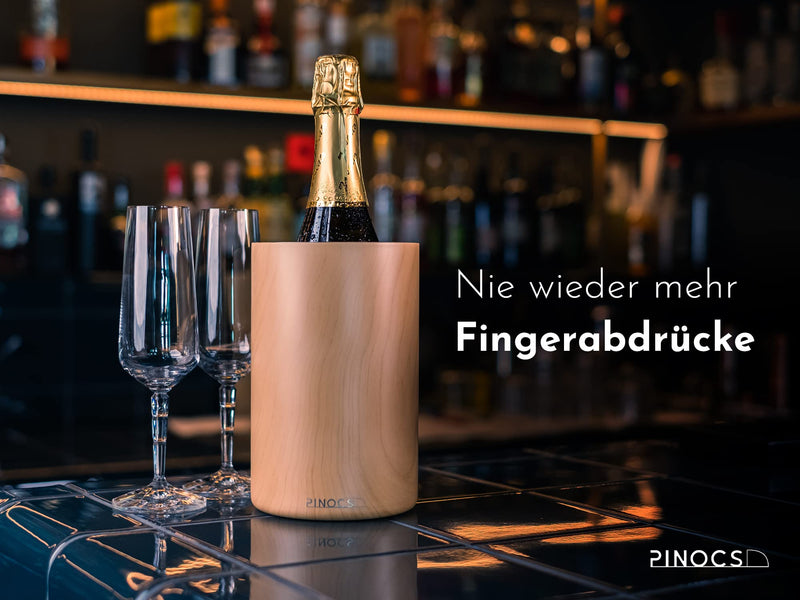 Pinocs Premium-Weinkühler in edler Holzoptik. Doppelwandiger Edelstahl-Flaschenkühler. Ideal für Wein, Sekt, Rosé & Champagner