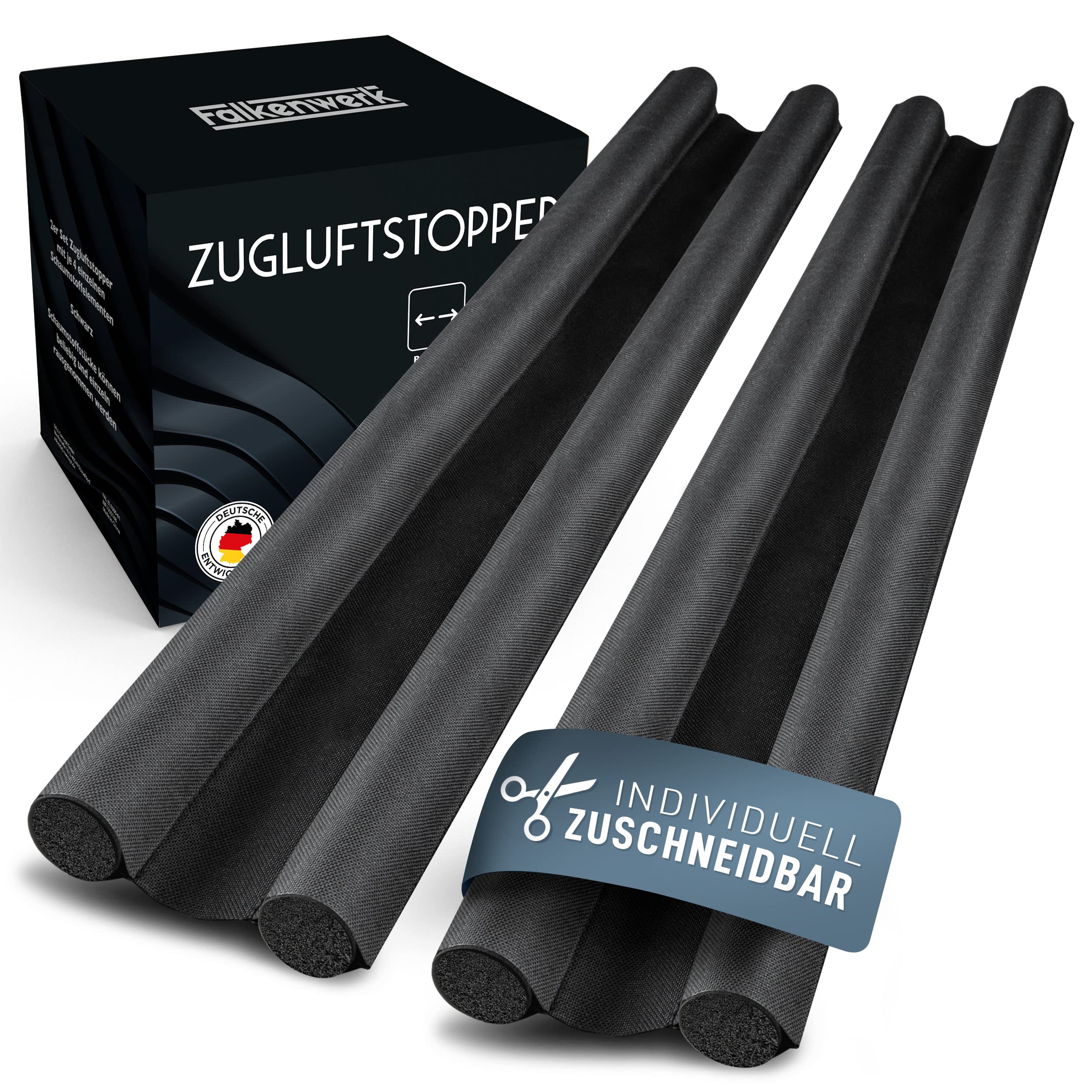 FALKENWERK Zugluftstopper für Türen [2er Set] - Zuschneidbare Türdichtung 90 cm - Heizkosten sparender Tür Zugluftstopper - Doppelseitige Türdichtung unten - Tür Dichtung mit idealer Passform -Schwarz