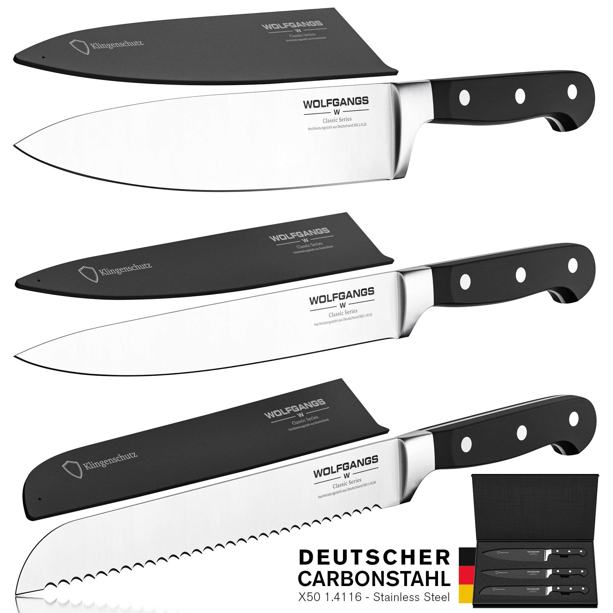 Wolfgangs Kochmesser Set 3tlg. – Chefmesser, Schneidemesser & Brotmesser –scharfes Küchenmesser & -sets mit rostfreier Edelstahlklinge – Premium Küchenmesser scharf – Profi Messer Set (schwarz)