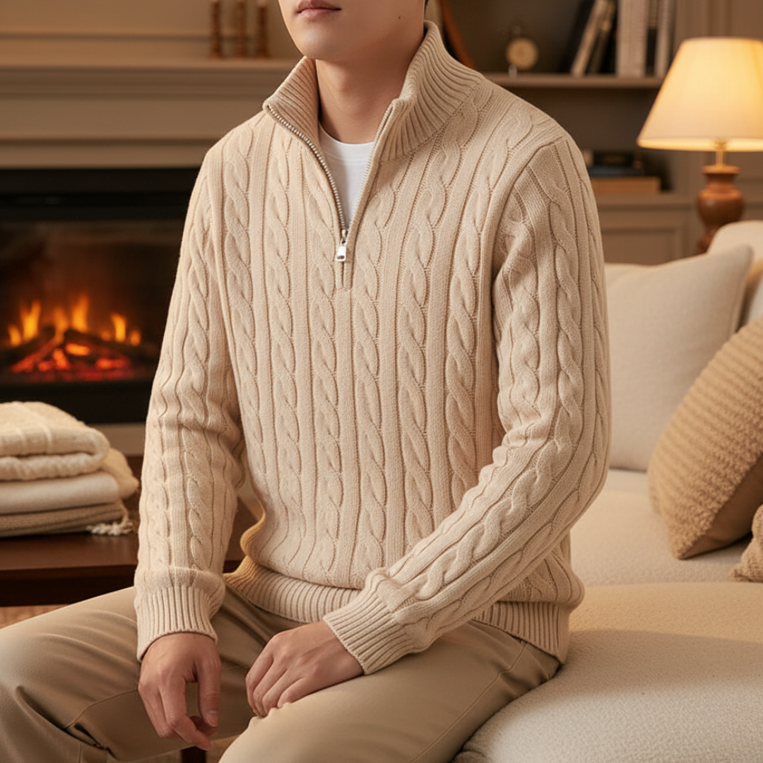 Pullover mit Zopfmuster & Stehkragen-Reißverschluss 100% Cotton – NordicClassic Knit