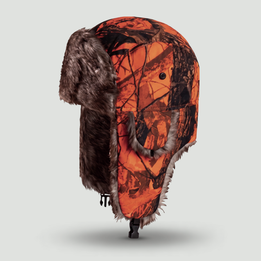 Camouflage Trapper-Mütze – Kunstpelz-gefüttert mit Ohrenklappen und Kinnriemen