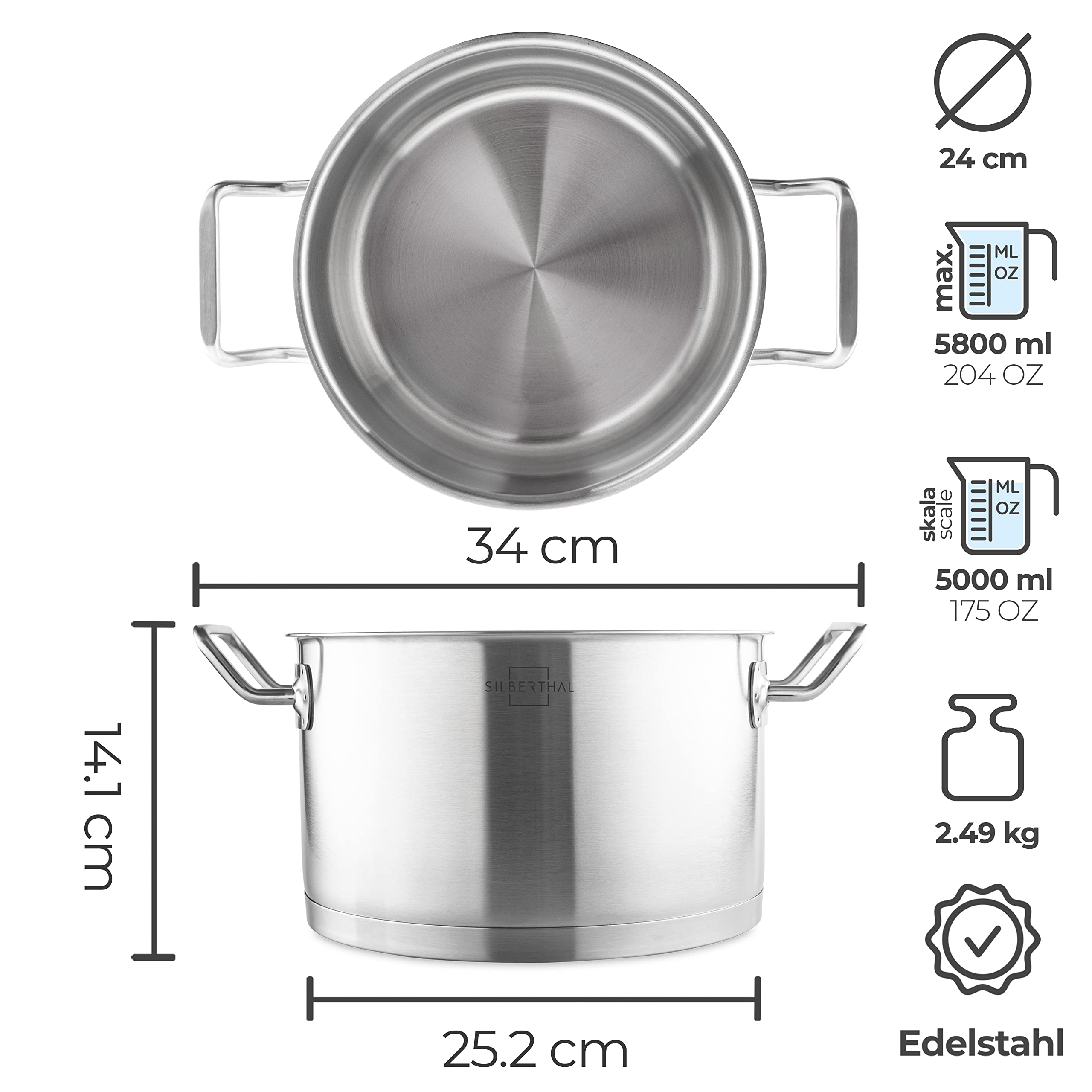 SILBERTHAL Kochtopf Induktion 24 cm - Edelstahl - 5,8L - Topf mit Deckel zum Einhängen - Für alle Herdarten - Ofenfest