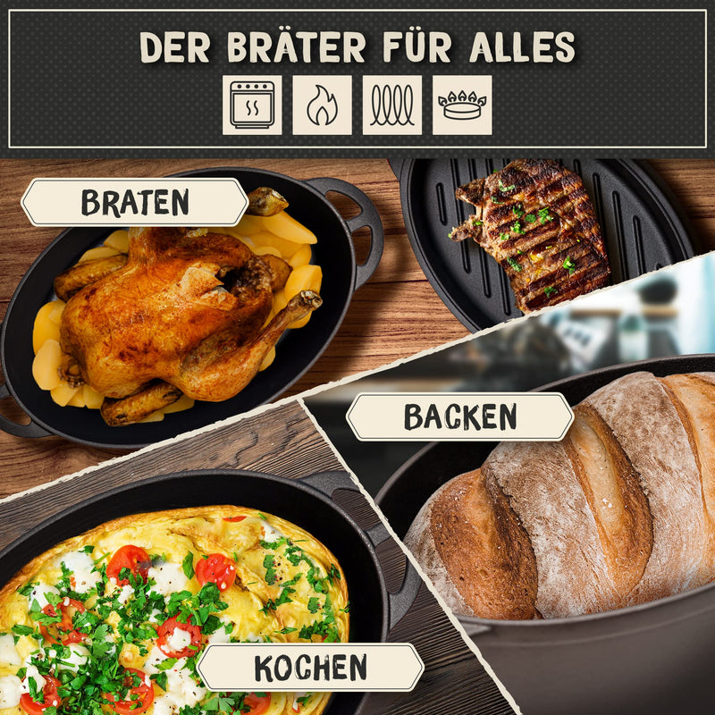 Flavemotion Gusseisen Bräter mit Grillpfanne als Deckel 6,1l - Gusseisen Topf, Schmortopf - eingebrannte NON-Stick Patina, Bräter & Grillpfanne Induktion kompatibel