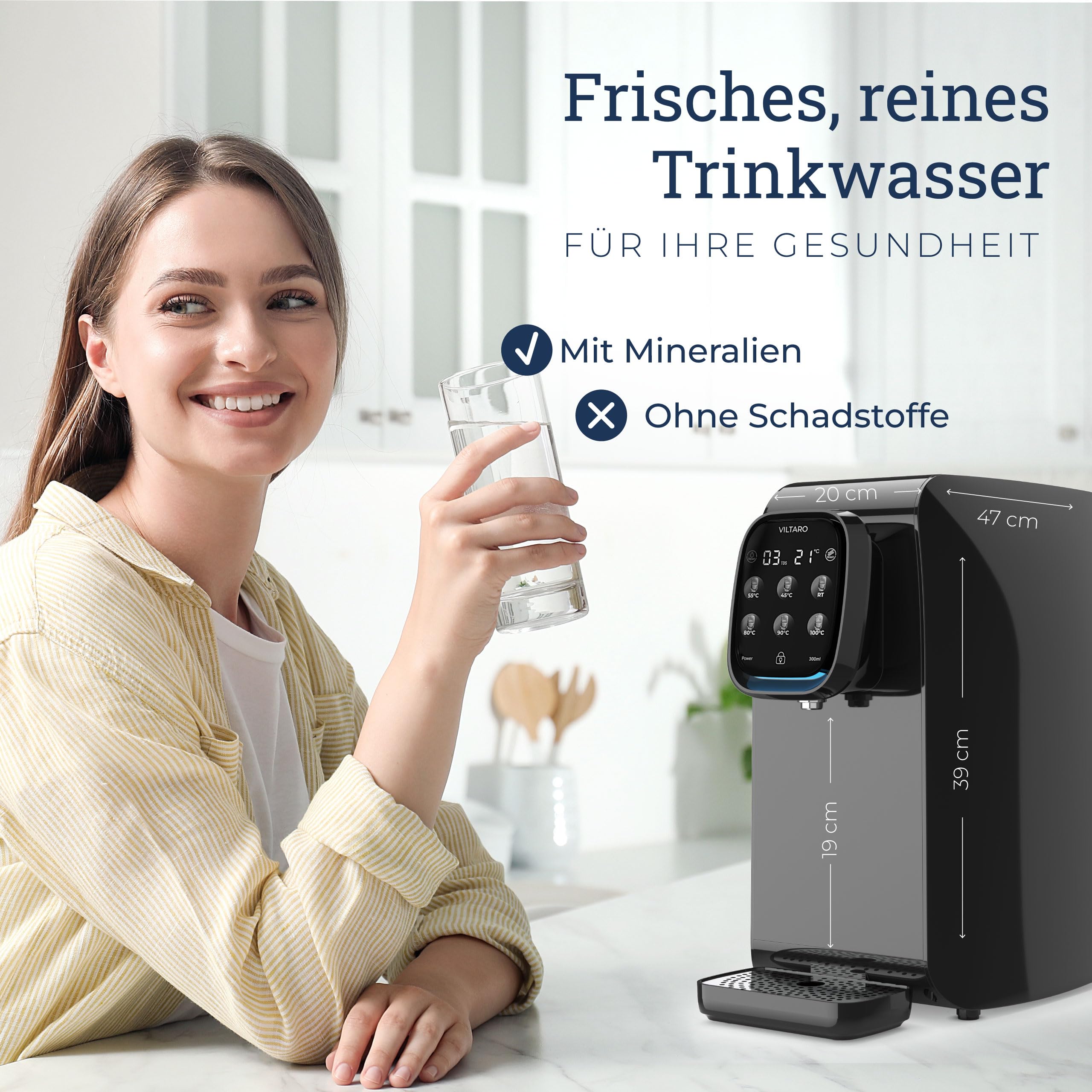 VILTARO® | OHNE FILTER  | Osmoseanlage Trinkwasser [schwarz, 5-stufiges Filtersystem, 6 Temperaturstufen, mobil ohne Wasseranschluss] | Umkehrosmoseanlage | Osmose Wasserfilter | Kalkfilter | Trinkwasserfilter