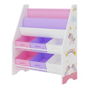 [en.casa] Kinderregal Ponteceso Bücherregal mit 2 Ablagefächern Spielzeugregal 6 Boxen Bücherkiste mit Einhorn-Motiv Weiß Lila Rosa Kinderzimmer Organizer