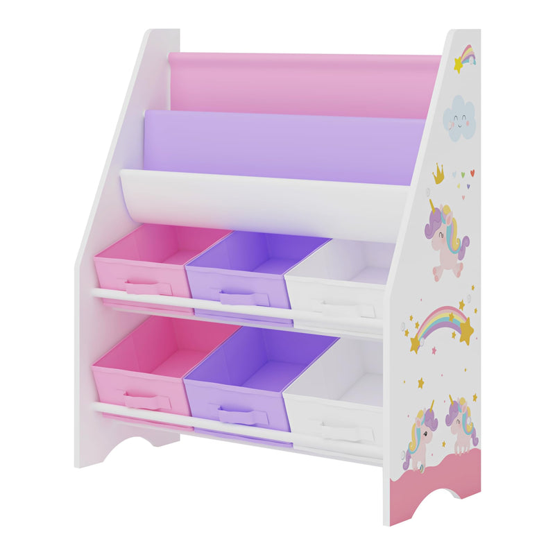 [en.casa] Kinderregal Ponteceso Bücherregal mit 2 Ablagefächern Spielzeugregal 6 Boxen Bücherkiste mit Einhorn-Motiv Weiß Lila Rosa Kinderzimmer Organizer