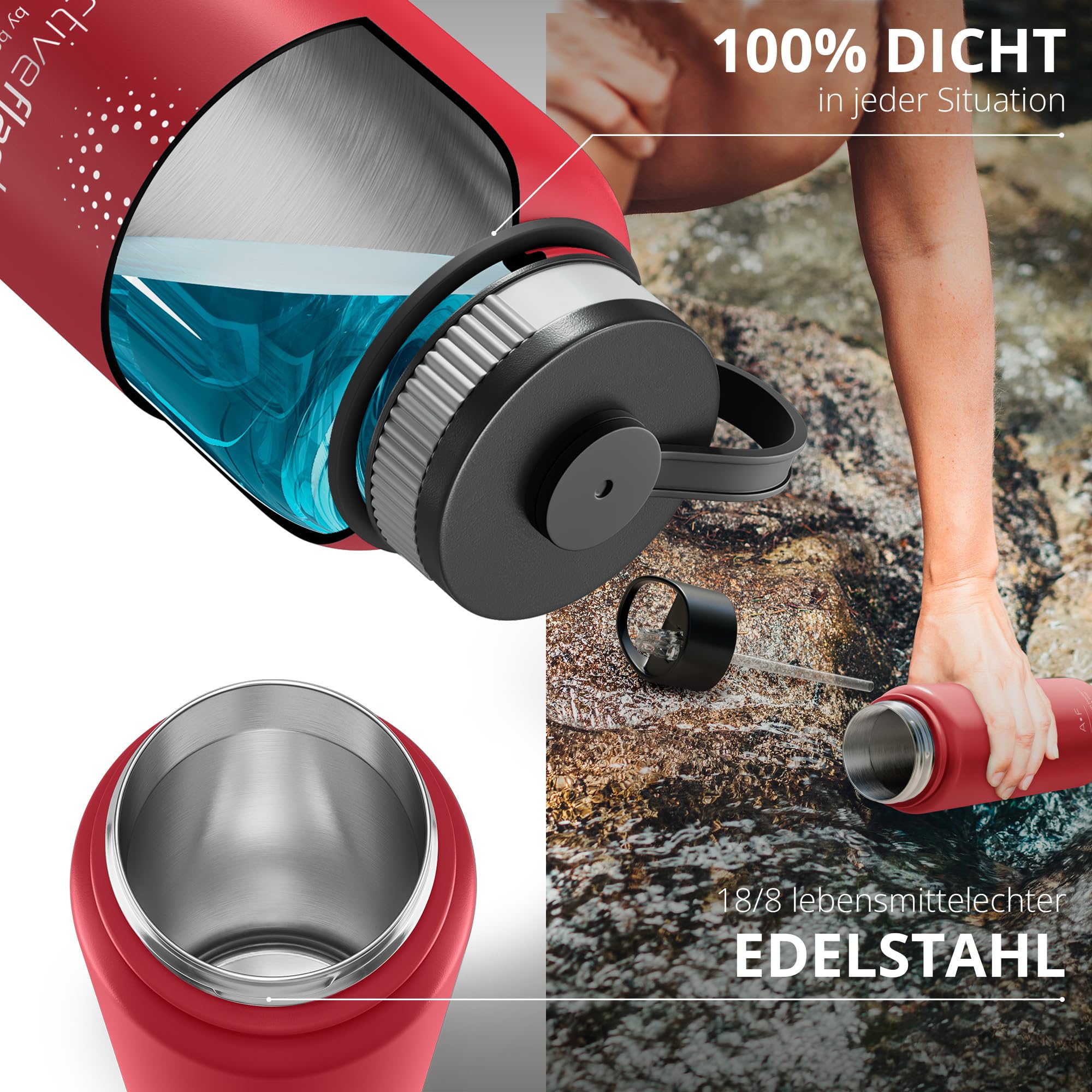 Trinkflasche Edelstahl ACTIVE FLASK + Strohhalm (3 Deckel) BPA-frei, Auslaufsicher, Kohlensäure geeignet - Wasserflasche Fahrrad Thermosflasche Isoliert Isolierflasche Sport Wasser Flasche Kinder Tee