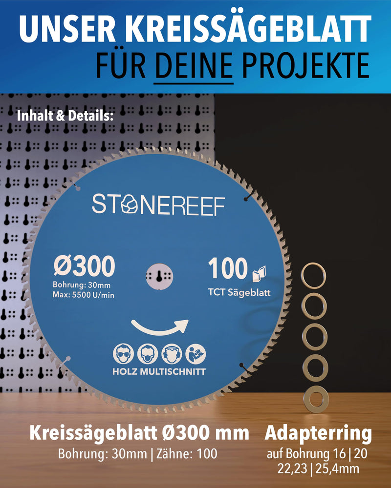 STONE REEF Sägeblatt 300x30 - Kreissägeblatt [Adapter auf Bohrung 16/20/22,23/25,4mm], kompatibel mit Tauchsäge & Kreissäge von Bosch, Makita usw.; Sägeblatt Kreissäge Nagelfest für Holz, Metall & Alu