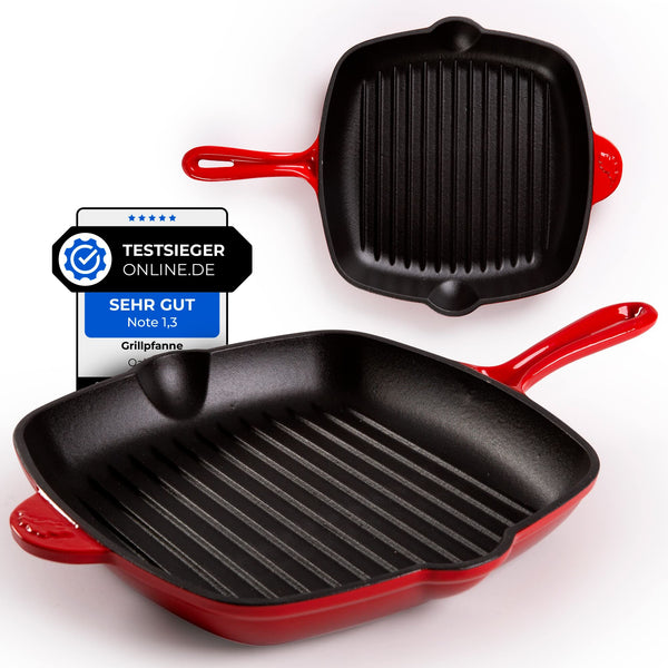 Oakfire Grillpfanne Bratpfanne Gusseisen emailliert 30 cm Induktion Pfanne gusseisern mit Non-Stick Patina, Emaille (Rot)