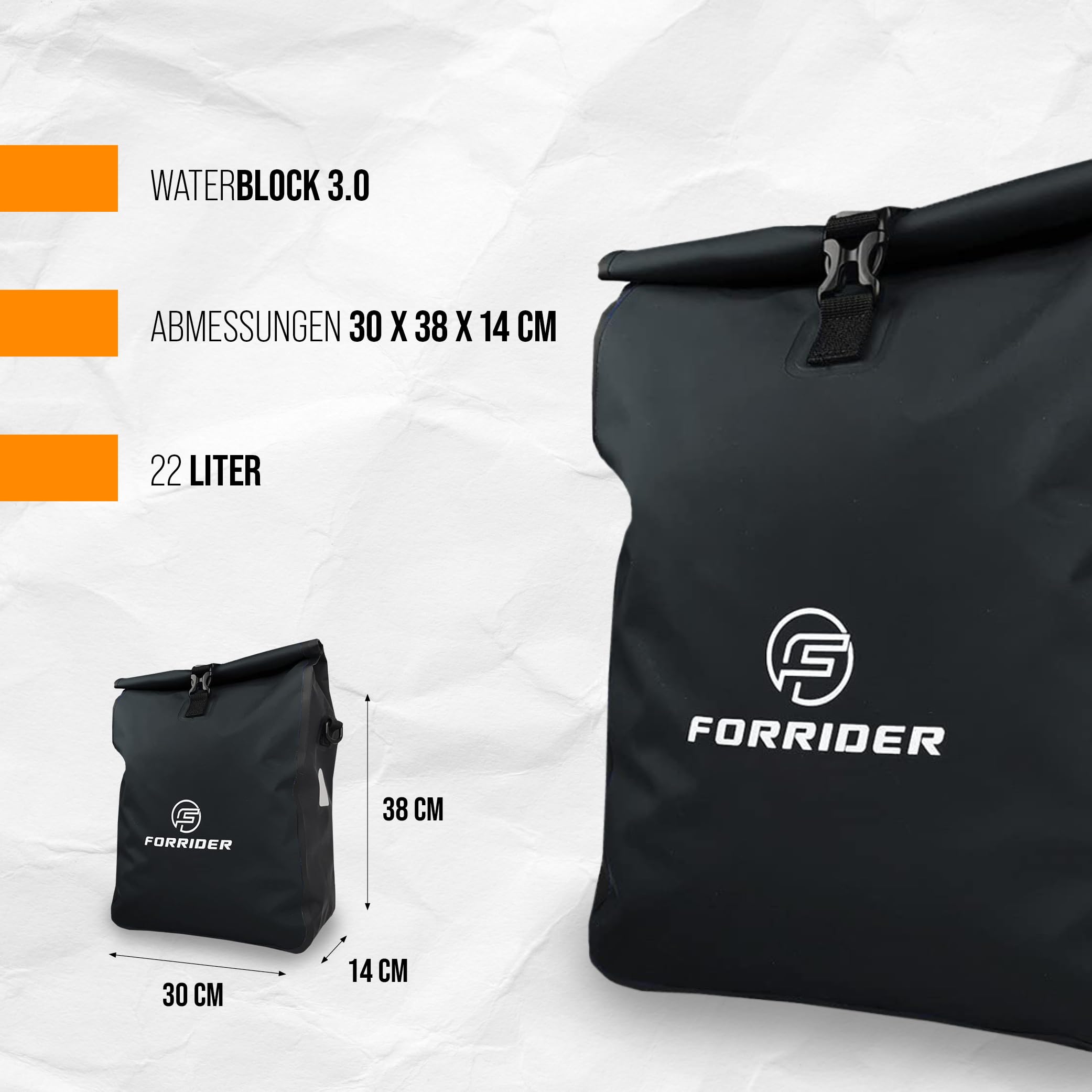 Forrider Fahrradtaschen Set Wasserdicht für Gepäckträger [2x22L Volumen] mit Schultergurt | Gepäckträgertasche | Einzel | Fahrrad Tasche Packtasche hält an jedem Gepäckträger