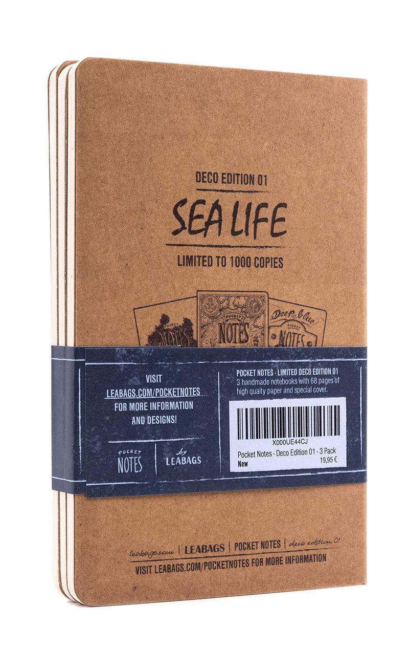 LEABAGS Pocket Notes Deco Edition Notizbücher 68 Seiten 9x14 cm - 3er Pack I Sea Life