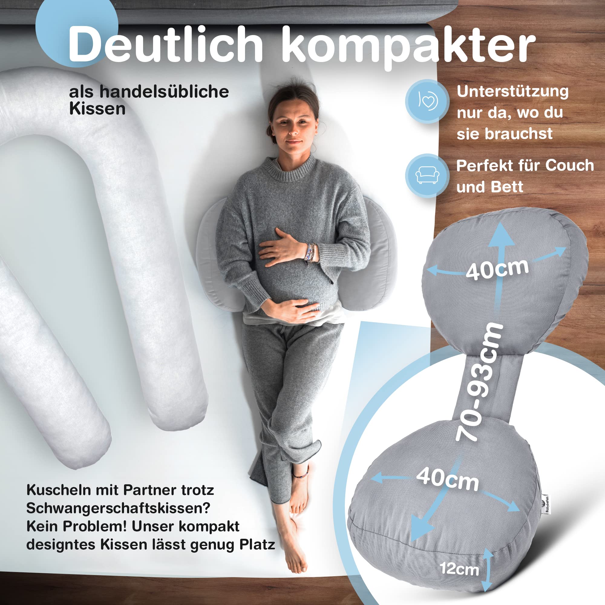 BabybeFun Schwangerschaftskissen mit waschbarem Stillkissenbezug | Seitenschläferkissen gegen Rückenschmerzen als Geschenkidee für werdende Mütter Pregnancy Pillow hellgrau; Farbe wählen..