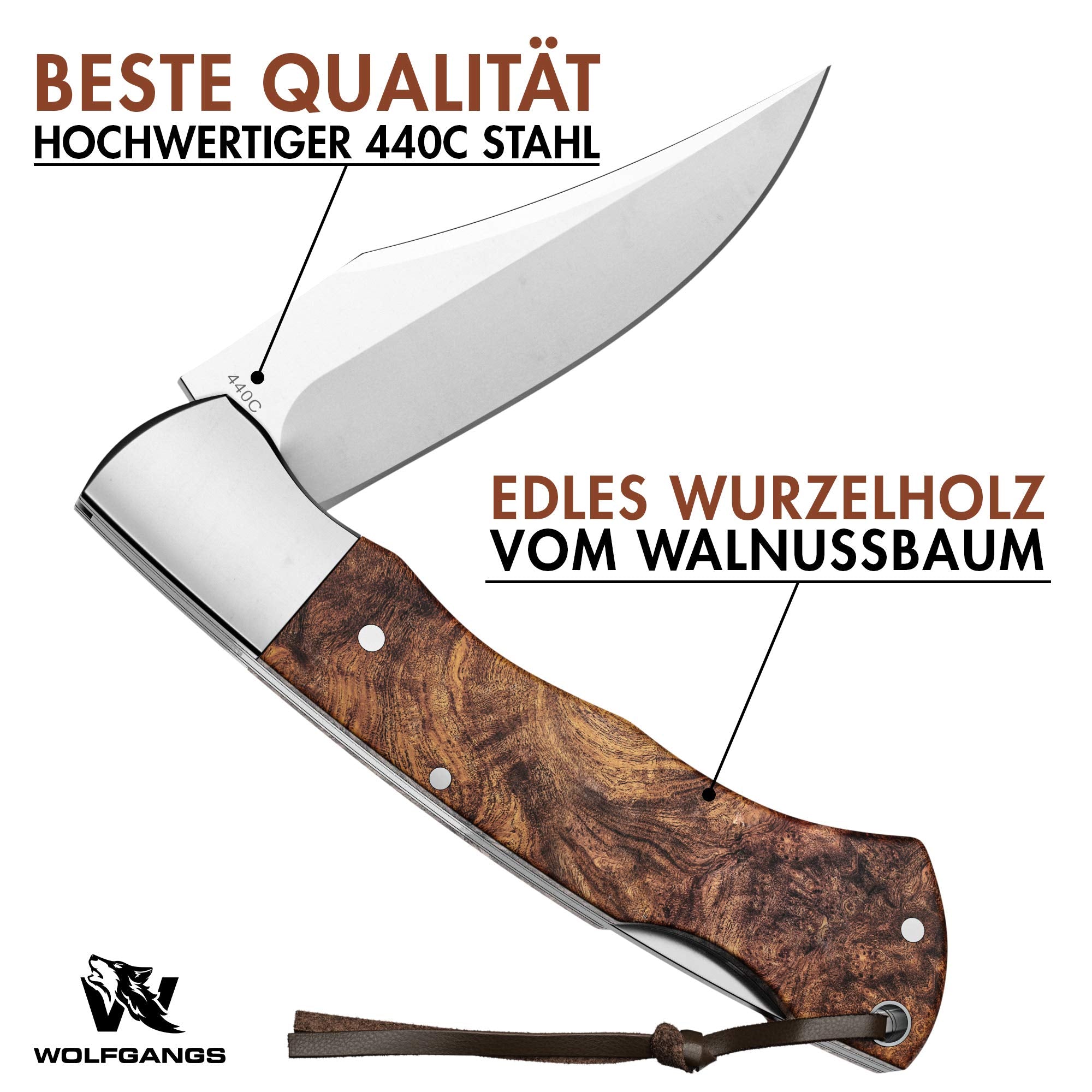 Wolfgangs VIRUM Zweihand-Klappmesser - Ein echter Gentlemen Folder mit hochwertigem Wurzelholz Griff - Taschenmesser Holzgriff - Edles Survival Outdoor Messer - Zweihandmesser inkl. Echt-Leder Tasche