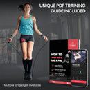 Springseil Speed Rope mit Trainings-eBook + Ersatzkabel: 2 verstellbare Stahlseile Profi Kugellager Anti-Rutsch Griffe | Sprungtrainer Workout Profi Sport Boxen Training Erwachsene Damen Herren