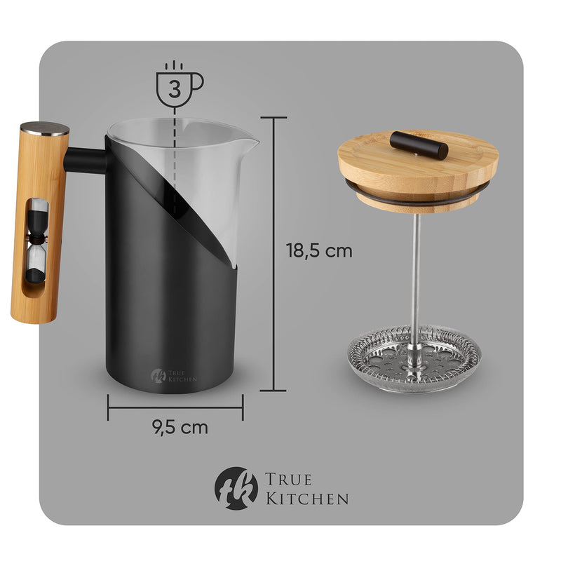 TRUE KITCHEN French Press aus Edelstahl + Glas + Bambus I Kaffeezubereiter mit Anleitung I ca. 0,5 L (für 3 Tassen) I Kaffee Presse Thermo doppelwandig isoliert I Schwarz I Kaffeepresse