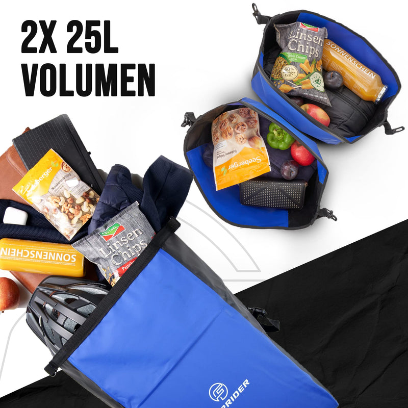 Forrider Fahrradtaschen für Gepäckträger - 100% Wasserdicht [2 Stück] 50L Volumen Premium Fahrrad Gepäckträgertaschen hinten Pack-Taschen Hinterradtaschen (Blau)