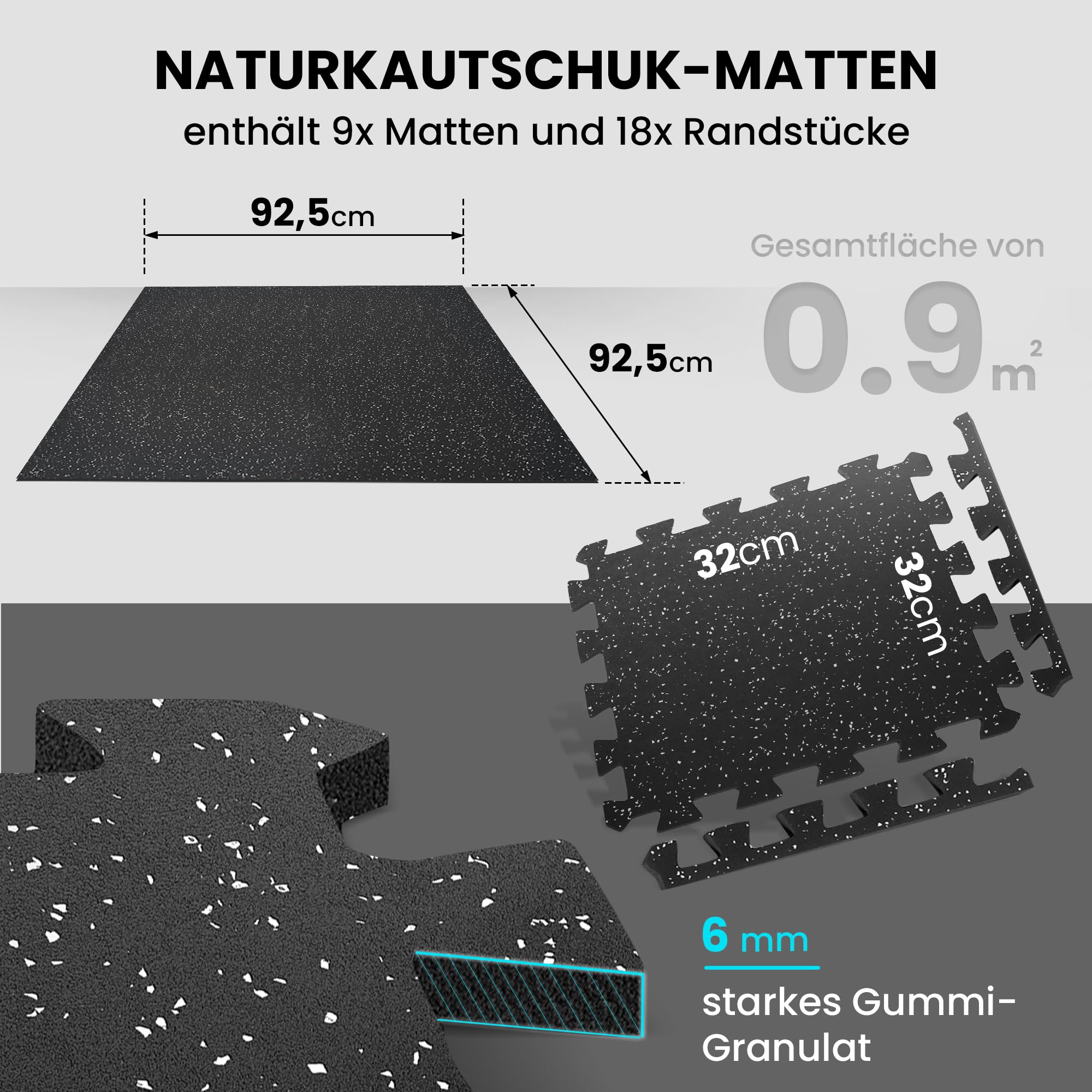 Schutzmatte Bodenschutzmatte Set 9 Stück: Gummi Gummimatte Sportmatte Gymnastikmatte Puzzlematte Hartboden Puzzle Matte Fitness Sport Fitnessmatte Unterlegmatte Sportgerät Bodenmatte Trainingsmatte