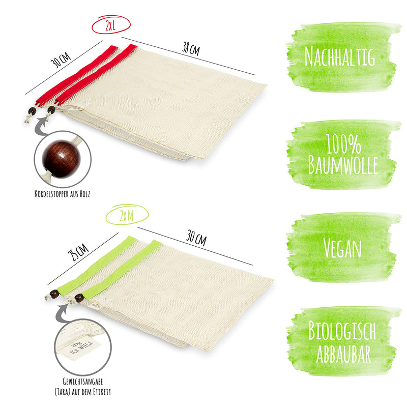 ECONDO - Obstbeutel und Gemüsebeutel aus Bio Baumwolle (4er Set) – Gemüsenetz mit Holzkugel und farbigem Bund – umweltfreundliches Obstnetz für den plastikfreien Einkauf- inkl. Saisonkalender